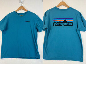 Patagonia Men's‎ P-6 Back Logo Cotton T-Shirt Short Sleeve Sz L Blue Regular Fit